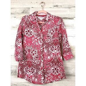 Foxcroft Womens 2 Red White Floral Wrinkle Free Shaped 3/4 Sleeve Shirt NEW